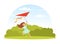 Little Girl Flying Kite Holding It by String Playing Outdoor Vector Illustration