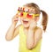 little girl with fun orange carnaval glasses