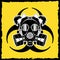 Little girl in a gas mask on yellow background biohazard symbol.