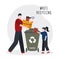 Little girl gives her father trash. Family separating garbage. Sorting refuse for recycle. Recycling and separating
