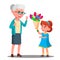 Little Girl Giving Flowers To Grandmother Vector. Illustration