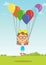 Little girl with glasses flying with multicolored balloons on meadow
