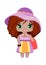 little girl, with green eyes and wavy red hair in lilac beach outfit