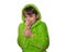 The little girl in a green robe isolated