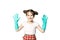 Little girl in green rubber gloves ready for cleaning. Mom`s assistant i