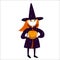 Little girl in halloween witch costume and protective face mask