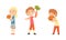 Little Girl with Hamburger and Boy Rejecting Eating Carrot Vector Set