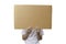 Little girl hands showing brown paper cardboard