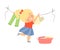 Little Girl Hanging Laundry on Clothes Line Vector Illustration