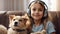 little girl in headphones childhood a dog portrait the room adorable domestic pretty joy leisure