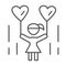 Little girl with heart shaped balloons thin line icon, 1st June children protection day concept, child holding balloon