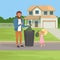 Little girl helping her father throwing out rubbish bags in garbage bin. Housework concept. Big two-storied house and