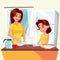 Little Girl Helping Mother Wash Dishes In Kitchen Vector. Isolated Illustration