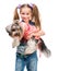 Little girl is with her dog Yorkshire Terrier