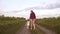 A little girl with her mother walks across the field with a sunflower. Agriculture. Baby and mother on a field with