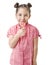 Little girl holding an hart shaped lollipop