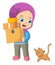 The little girl is holding many boxes and the cat is walking at the back