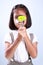 Little girl holding a test tube with liquid scientist chemistry and science