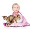 Little girl holding two cats. on white background