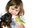 Little girl holds Parrot and dog