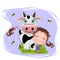 Little girl hug the cow, adorable baby cartoon background with grass and bee. lovely greeting card. vector illustation.