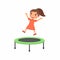 Little girl jumping on trampoline flat vector illustration. Happy sportive child having fun, playing.