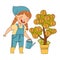 Little Girl in Jumpsuit Watering Money Tree Vector Illustration