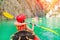 Little girl kayaking on beautiful river, having fun and enjoying sports outdoors. Water sport and camping fun. Mont-rebei gorge