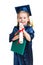 Little girl kid in academician clothes with book