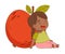 Little Girl Leaning Against Huge Red Apple Fruit Vector Illustration