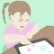 Little girl learning to use a digital tablet illustration