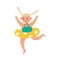 Little girl with lifebuoy running to swim flat vector illustration isolated.