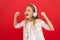 Little girl listen song headphones. Online radio station channel. Girl child listen music modern headphones. Get music