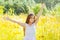 Little girl with long hair in a white dress rejoices in a field with flowers