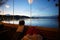 A little girl look to the eautiful view of Pamvotida lake in Ioannina