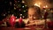 Little girl looking at Christmas decorations on table, lights twinkling on tree