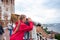 little girl looks at ships on Volga from the observation deck above the Chkalov stairs, Nizhny Novgorod, Russia