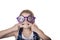 Little girl making silly face with colorful glasses.