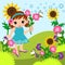 Little girl in the meadow cartoon