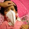 Little Girl in medical mask staying at home under quarantine - stock photo, Isolation Quarantine Corona virus Covid 19