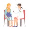 Little girl with mom at the doctor`s appointment. Mom and child are examined by a pediatrician. Vector illustration for banners,