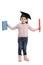 Little girl with mortarboard holding book and pencil