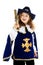 Little girl in a musketeer costume.