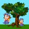 Little girl next to the tree, cartoon character