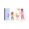 Little girl open the door to young mom with baby carriage. Kid with good manners. Politeness theme. Flat vector design