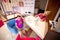 Little girl and optician in a shop