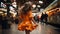 a little girl in an orange dress walking through a mall