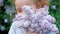 A little girl outdoors in a park or garden holds lilac flowers. Lilac bushes in the background. Summer, park