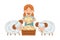 Little Girl in Overall Feeding Sheep with Hay Rested in Wooden Crate Vector Illustration