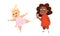 Little Girl with Overweight and Body Fat Eating Ice Cream and Dancing Ballet Vector Set